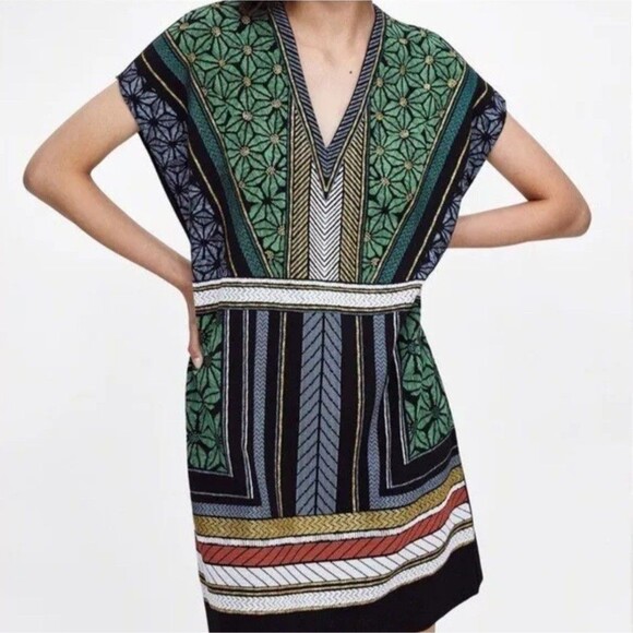 Zara Aztec Metal Tribal Sleeveless Raw Edge Hem Sheath Dress Womens Size XL - Picture 3 of 15